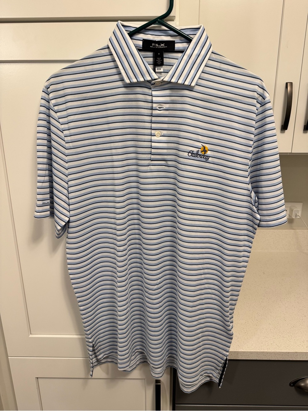 RLX Ralph Lauren Light Blue & White Striped Polo with Galloway National logo new